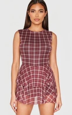 PrettyLittleThing Thanksgiving Outfits*Gingham Print Mesh Rara Skort Romper
