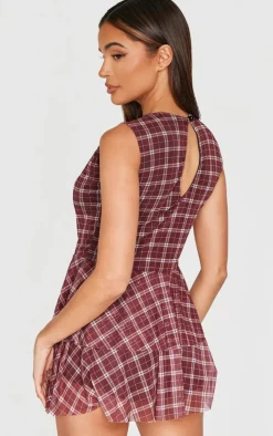 PrettyLittleThing Thanksgiving Outfits*Gingham Print Mesh Rara Skort Romper