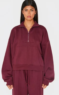 Burgundy Half Zip Double Pocket Seam Detail Sweatshirt