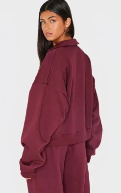 Burgundy Half Zip Double Pocket Seam Detail Sweatshirt