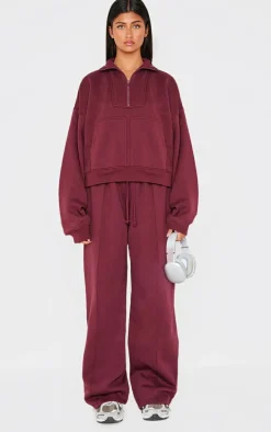 Burgundy Half Zip Double Pocket Seam Detail Sweatshirt