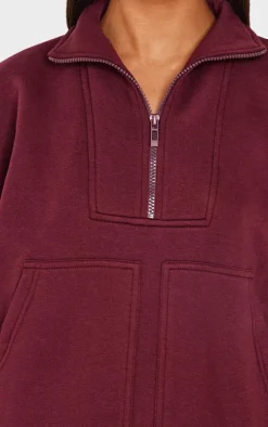 Burgundy Half Zip Double Pocket Seam Detail Sweatshirt