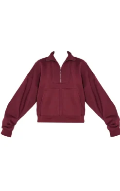 Burgundy Half Zip Double Pocket Seam Detail Sweatshirt
