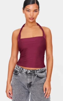 Burgundy Halter Neck Twist Strap Detail Crop Top