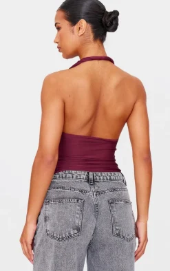 Burgundy Halter Neck Twist Strap Detail Crop Top