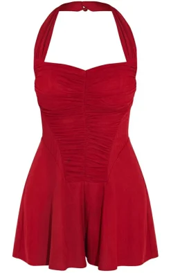 Halterneck Mesh Ruched Front Floaty Romper-PrettyLittleThing Online