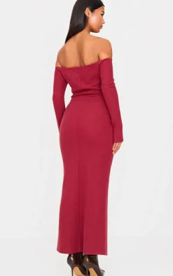 Heavy Rib Bardot Long Sleeve Maxi Dress-PrettyLittleThing Online