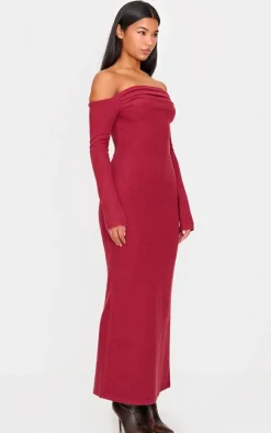 Heavy Rib Bardot Long Sleeve Maxi Dress-PrettyLittleThing Online