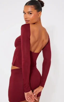 Best PrettyLittleThing Jersey Low Back Long Sleeve Longline Top Burgundy