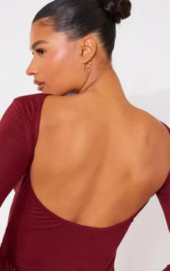 Best PrettyLittleThing Jersey Low Back Long Sleeve Longline Top Burgundy
