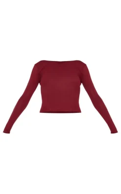 Best PrettyLittleThing Jersey Low Back Long Sleeve Longline Top Burgundy