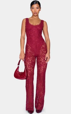 Lace Boning Detail Strappy Flared Jumpsuit-PrettyLittleThing Online