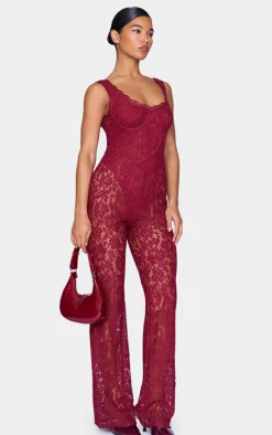 Lace Boning Detail Strappy Flared Jumpsuit-PrettyLittleThing Online