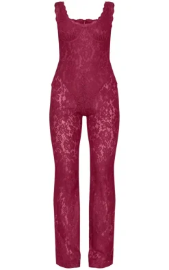 Lace Boning Detail Strappy Flared Jumpsuit-PrettyLittleThing Online