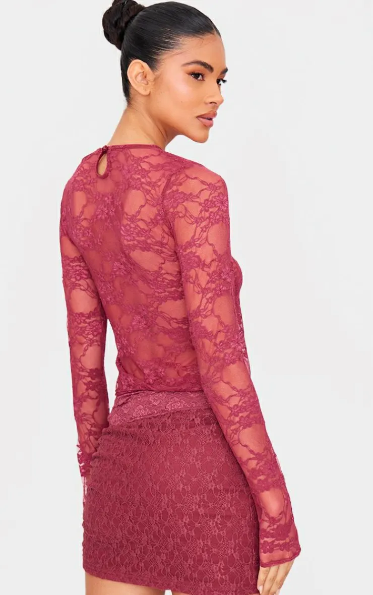 Lace Long Sleeve Top-PrettyLittleThing Discount