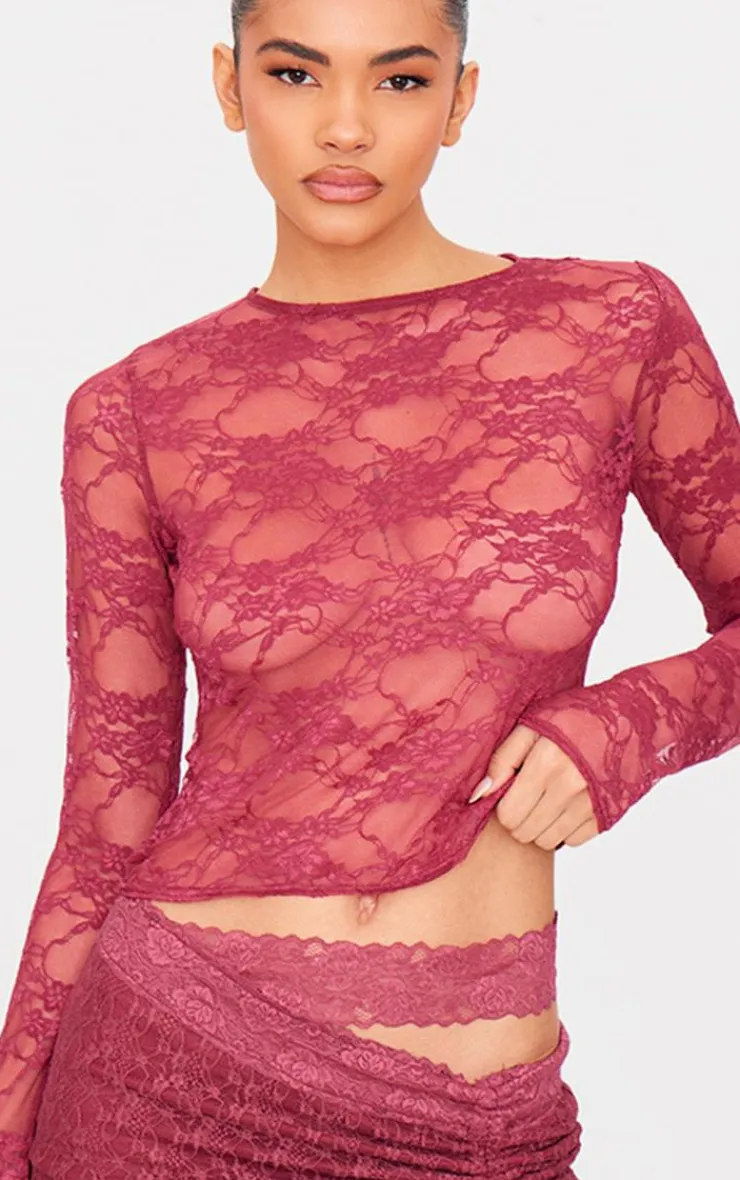 Lace Long Sleeve Top-PrettyLittleThing Discount
