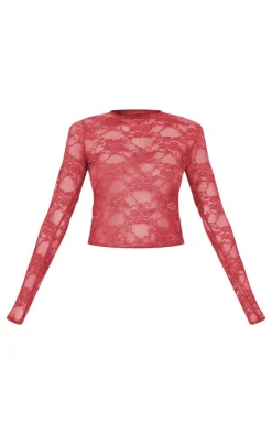 Lace Long Sleeve Top-PrettyLittleThing Discount