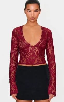 PrettyLittleThing Blouses*Lace Plunge Flared Sleeve Long Top