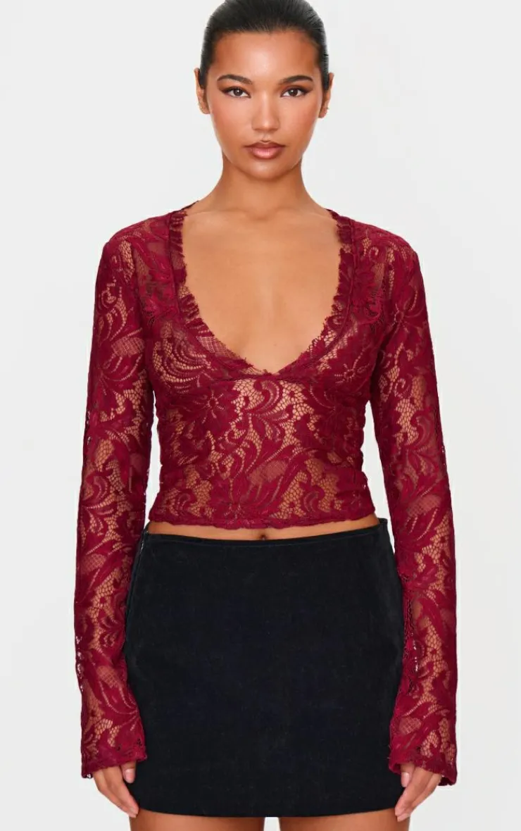 PrettyLittleThing Blouses*Lace Plunge Flared Sleeve Long Top