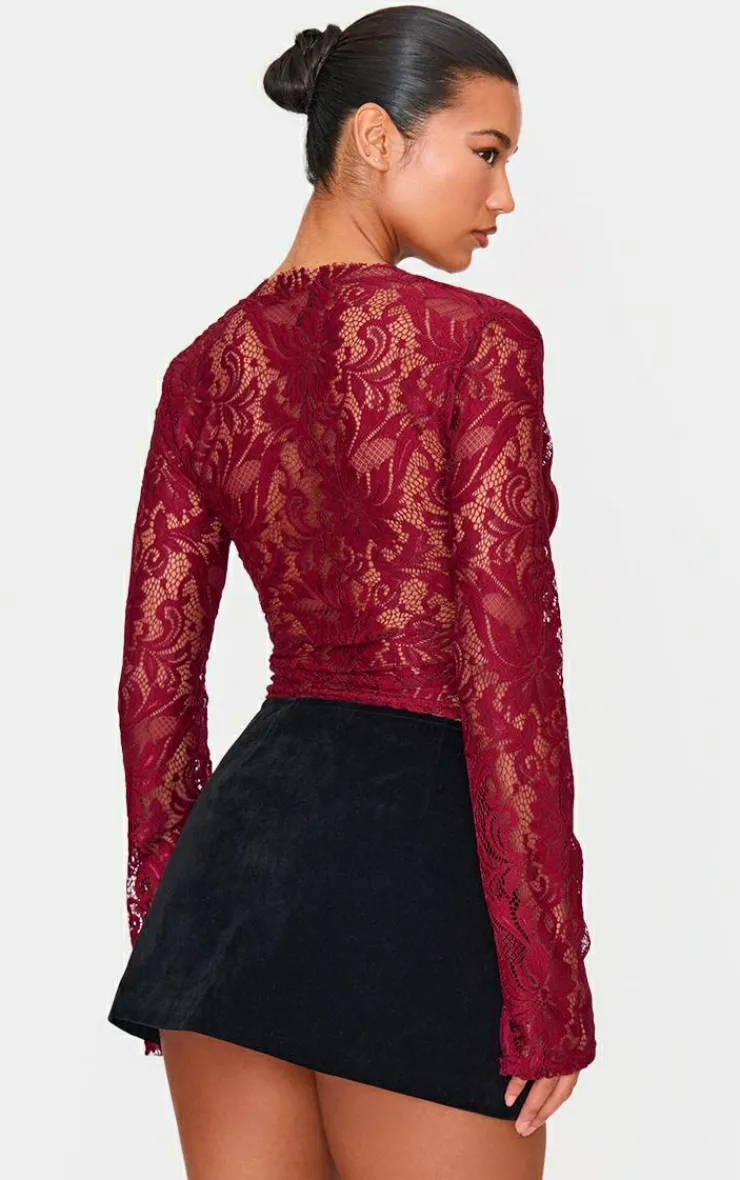 PrettyLittleThing Blouses*Lace Plunge Flared Sleeve Long Top