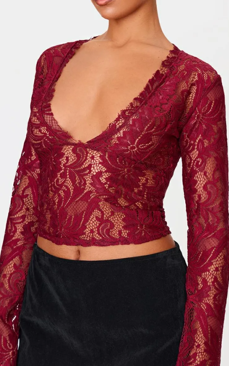 PrettyLittleThing Blouses*Lace Plunge Flared Sleeve Long Top
