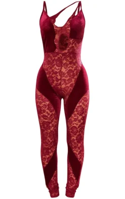 Burgundy Lace Velvet Contrast Cut Out Jumpsuit