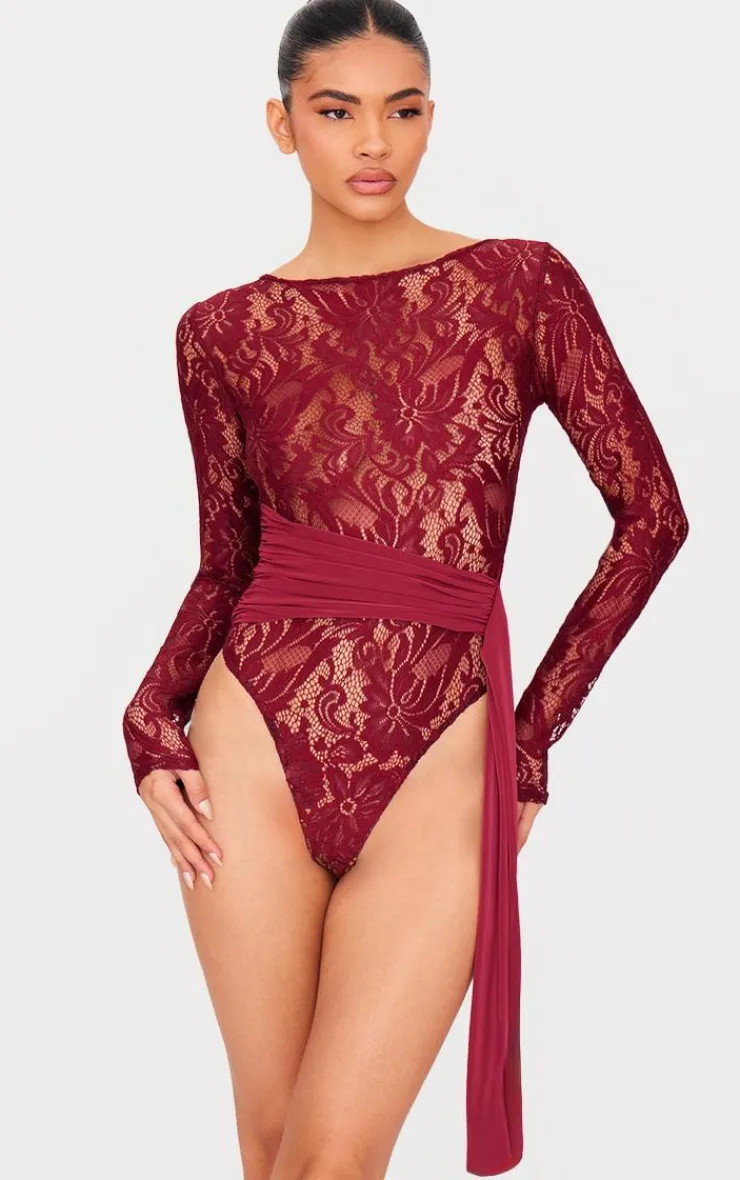 Lace Wrap Detail Long Sleeve Bodysuit-PrettyLittleThing Clearance