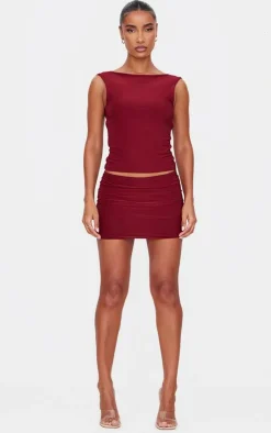 Online PrettyLittleThing Low Rise Slinky Micro Mini Skirt Burgundy