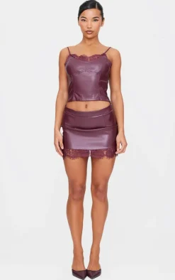PrettyLittleThing Matte Faux Leather Lace Trim Mini Skirt Burgundy