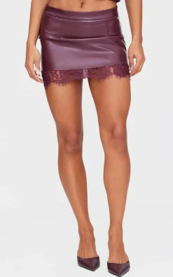 PrettyLittleThing Matte Faux Leather Lace Trim Mini Skirt Burgundy