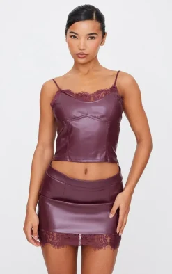 PrettyLittleThing Matte Faux Leather Lace Trim Mini Skirt Burgundy