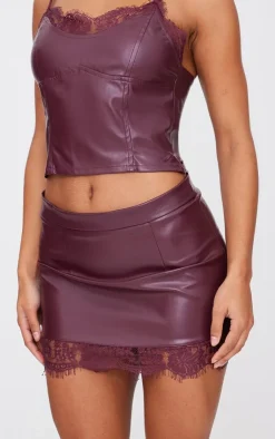 PrettyLittleThing Matte Faux Leather Lace Trim Mini Skirt Burgundy