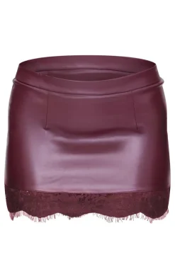 PrettyLittleThing Matte Faux Leather Lace Trim Mini Skirt Burgundy