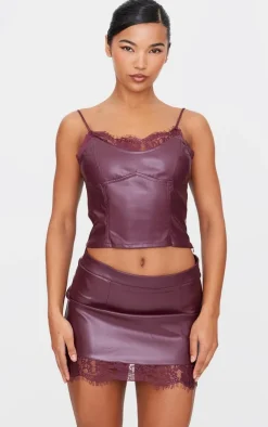 Clearance PrettyLittleThing Matte Faux Leather Lace Trim Cami Top Burgundy