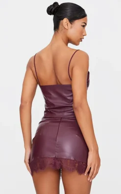 Clearance PrettyLittleThing Matte Faux Leather Lace Trim Cami Top Burgundy