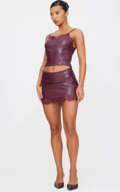 Clearance PrettyLittleThing Matte Faux Leather Lace Trim Cami Top Burgundy