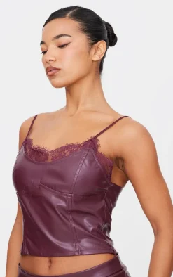 Clearance PrettyLittleThing Matte Faux Leather Lace Trim Cami Top Burgundy