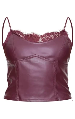 Clearance PrettyLittleThing Matte Faux Leather Lace Trim Cami Top Burgundy