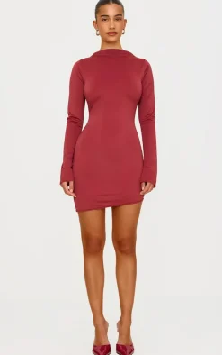 Matte Sculpt Boat Neck Long Sleeve Mini Dress-PrettyLittleThing Sale