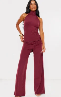 Hot PrettyLittleThing Matte Touch Wide Leg Pants Burgundy