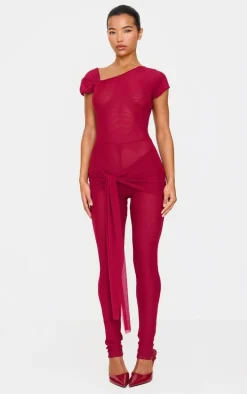 Burgundy Mesh Asymmetric Cap Sleeve Jumpsuit