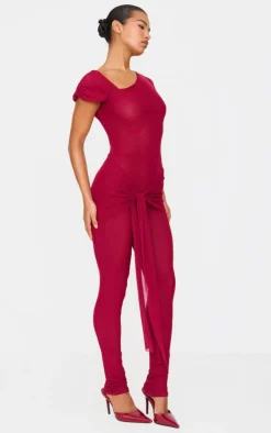 Burgundy Mesh Asymmetric Cap Sleeve Jumpsuit