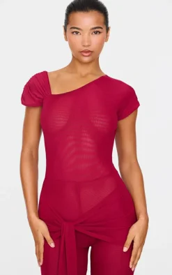 Burgundy Mesh Asymmetric Cap Sleeve Jumpsuit
