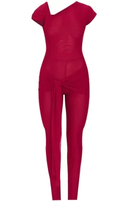 Burgundy Mesh Asymmetric Cap Sleeve Jumpsuit