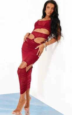 Burgundy Mesh Cut Out O Ring Midaxi Beach Dress