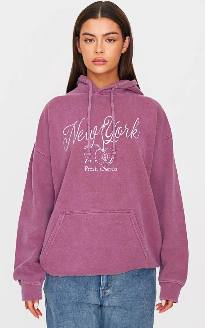 Burgundy New York Cherry Embroidered Hoodie