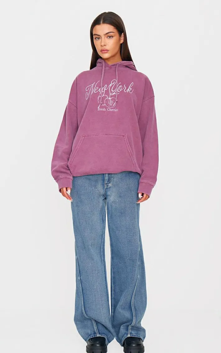 Burgundy New York Cherry Embroidered Hoodie