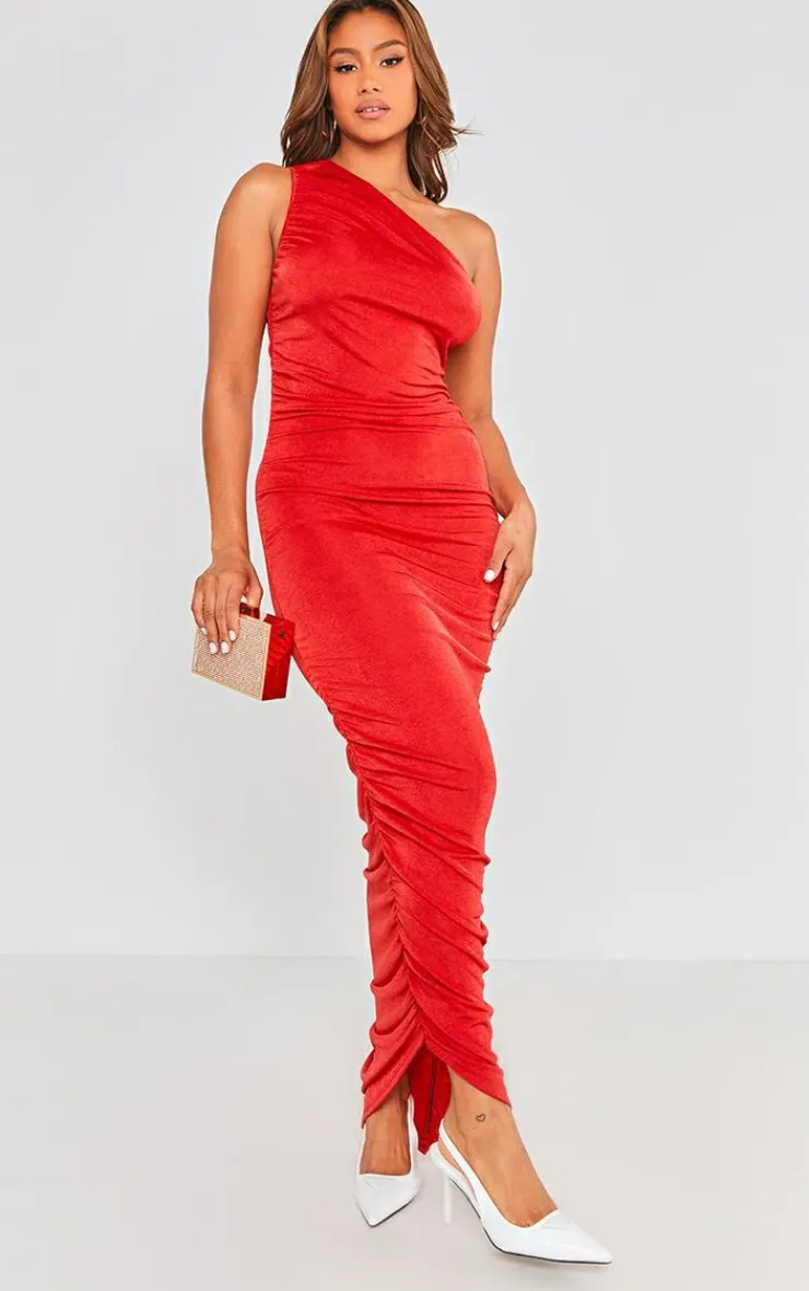 One Shoulder Ruched Slinky Maxi Dress-PrettyLittleThing Online