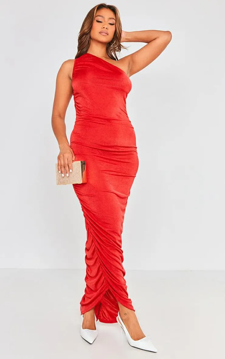 One Shoulder Ruched Slinky Maxi Dress-PrettyLittleThing Online
