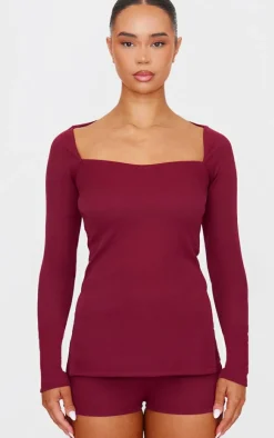 New PrettyLittleThing Ottoman Ribbed Detail Long Sleeve Top Burgundy